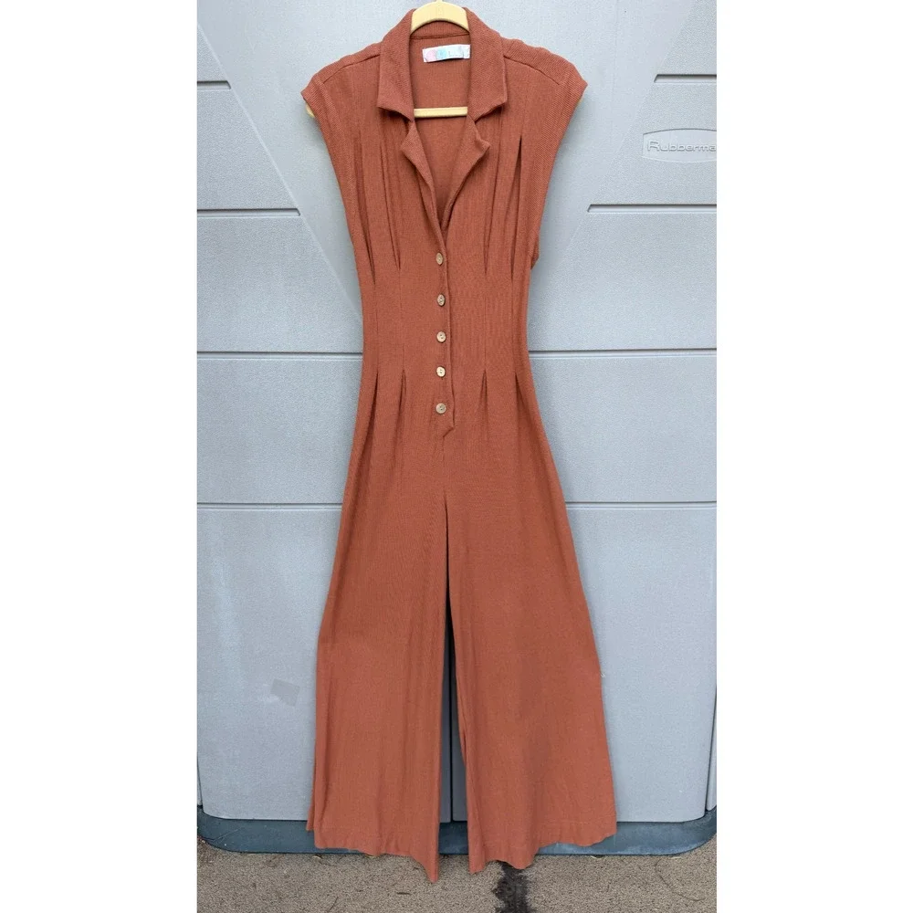 Free People FP Beach Shasta One Piece Wide Leg Jumpsuit Copper S Button Front